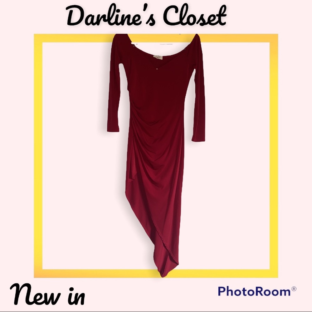 Red long sleeved skin tight dress.
